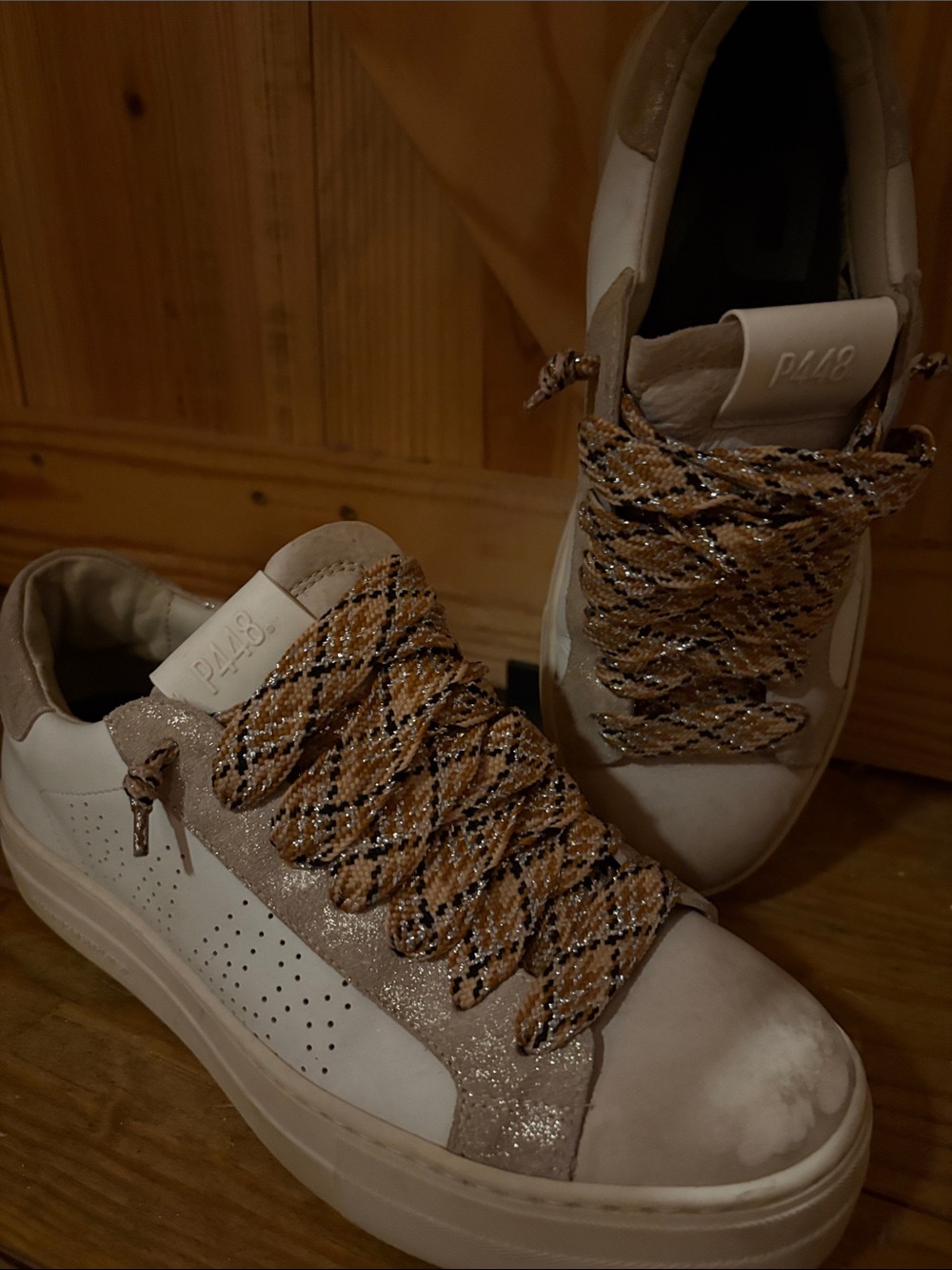 P448 White and Tan Platform Sneakers with Sparkle Laces